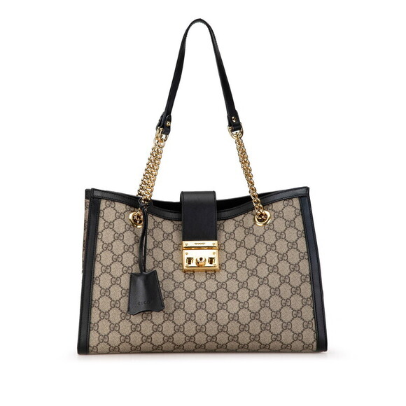 Gucci Handbags - Gucci GG Supreme Padlock Chain Shoulder Bag Beige Tan Black Leather